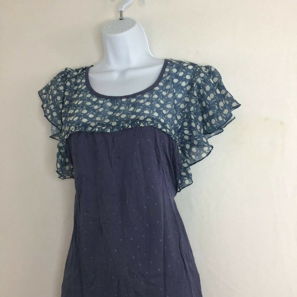 Suzanne Betro Weekend Womens Navy Floral Ruffle Sleeve Round Neck Blouse Size XL - Picture 4 of 11